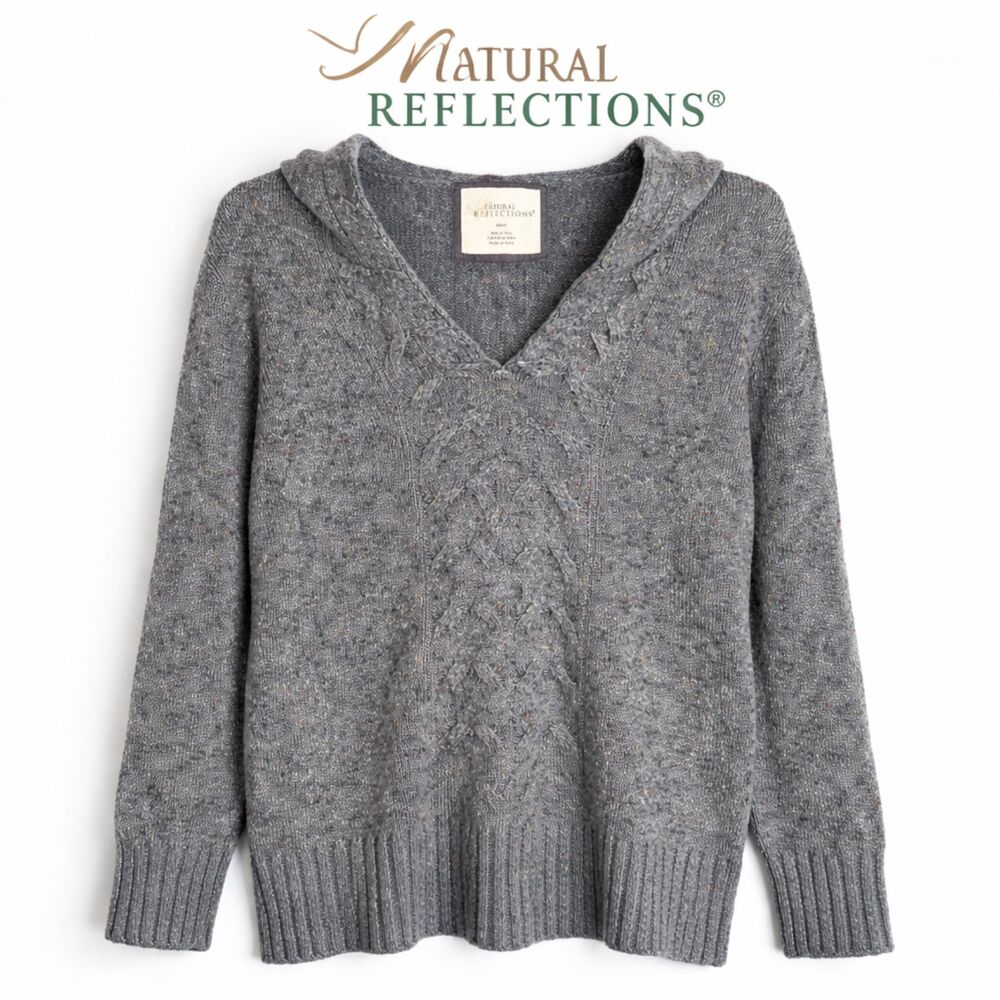 Natural Reflections Gray Hooded Cable Knit Sweater Speckled Cozy‎ Cottage M